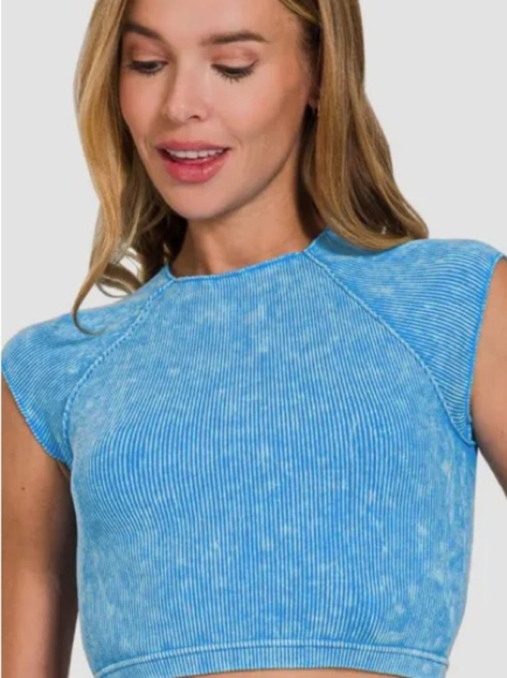 Zenana Outfitters Sky Blue Ribbed Crop Top